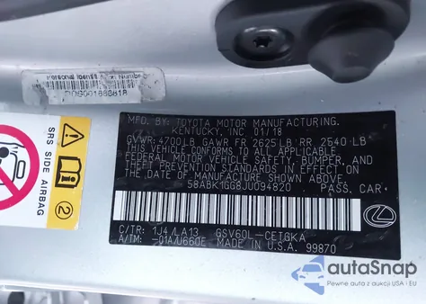 2018 Lexus Es 350 from USA, damaged, VIN 58ABK1GG8JU094820
